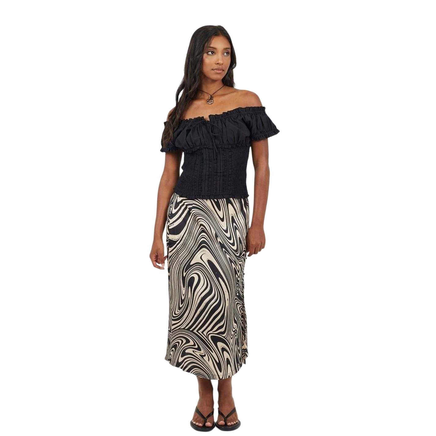 Black - Lifestyle - Brave Soul Womens-Ladies Swirl Print Midi Skirt