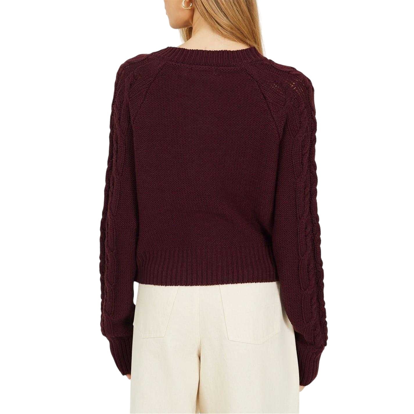 Wine - Back - Brave Soul Womens-Ladies Cable Knit Raglan Cardigan