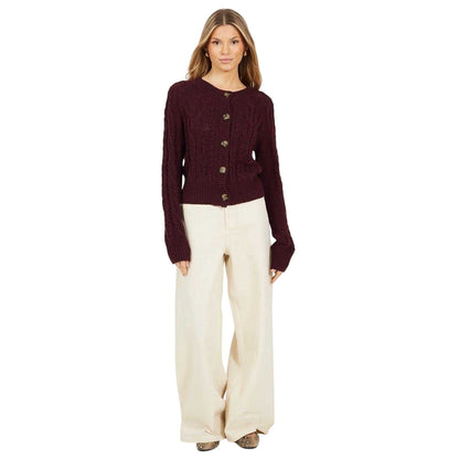 Wine - Lifestyle - Brave Soul Womens-Ladies Cable Knit Raglan Cardigan