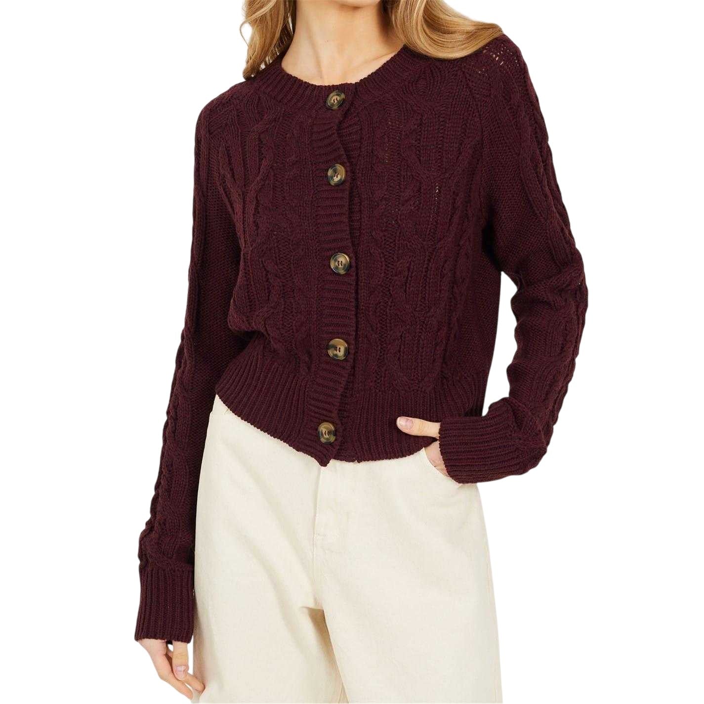 Wine - Front - Brave Soul Womens-Ladies Cable Knit Raglan Cardigan