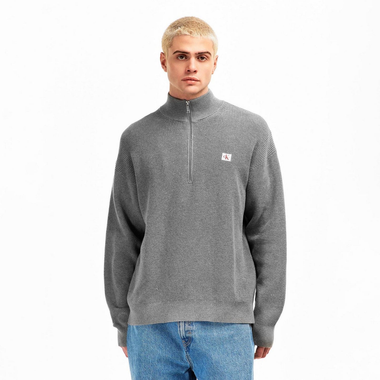 Grey Heather - Side - Calvin Klein Mens Waffle Knit Quarter Zip Jumper