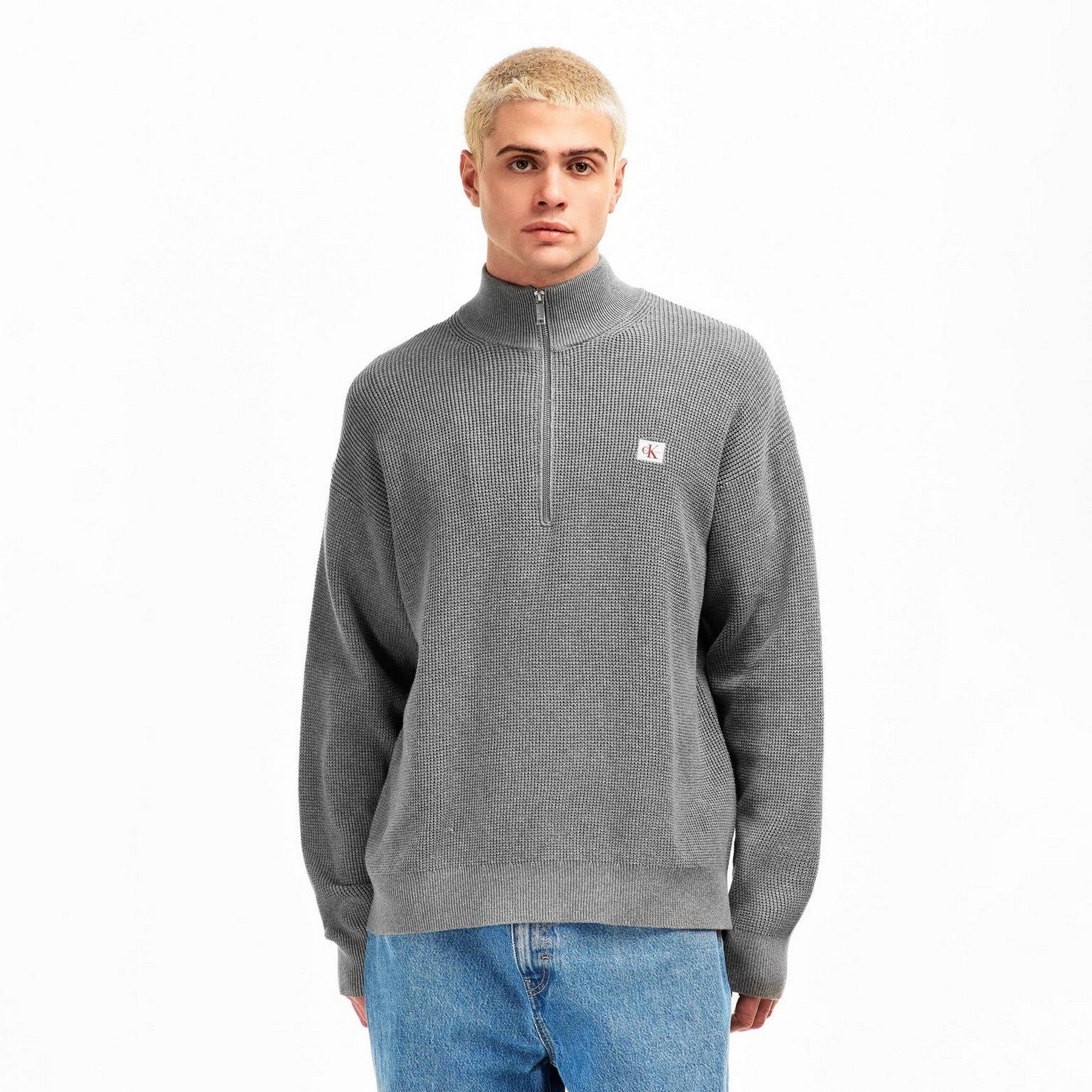 Grey Heather - Side - Calvin Klein Mens Waffle Knit Quarter Zip Jumper