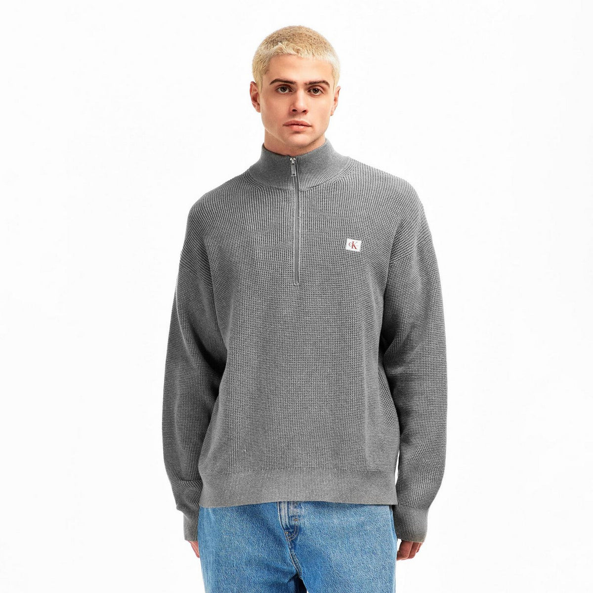 Grey Heather - Side - Calvin Klein Mens Waffle Knit Quarter Zip Jumper