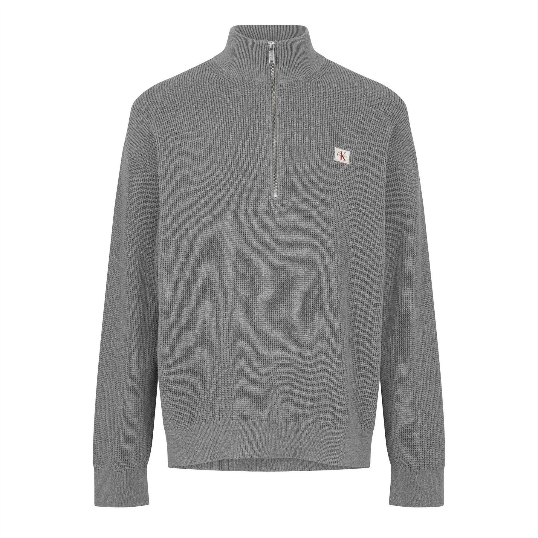 Grey Heather - Front - Calvin Klein Mens Waffle Knit Quarter Zip Jumper