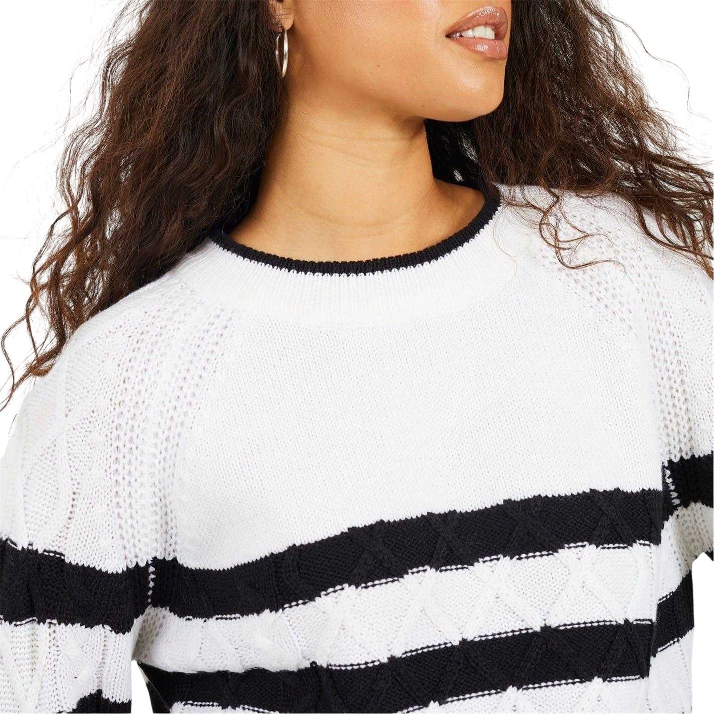Ivory-Black - Side - Brave Soul Womens-Ladies Striped Cable Knit Jumper