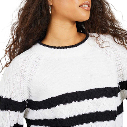 Ivory-Black - Side - Brave Soul Womens-Ladies Striped Cable Knit Jumper