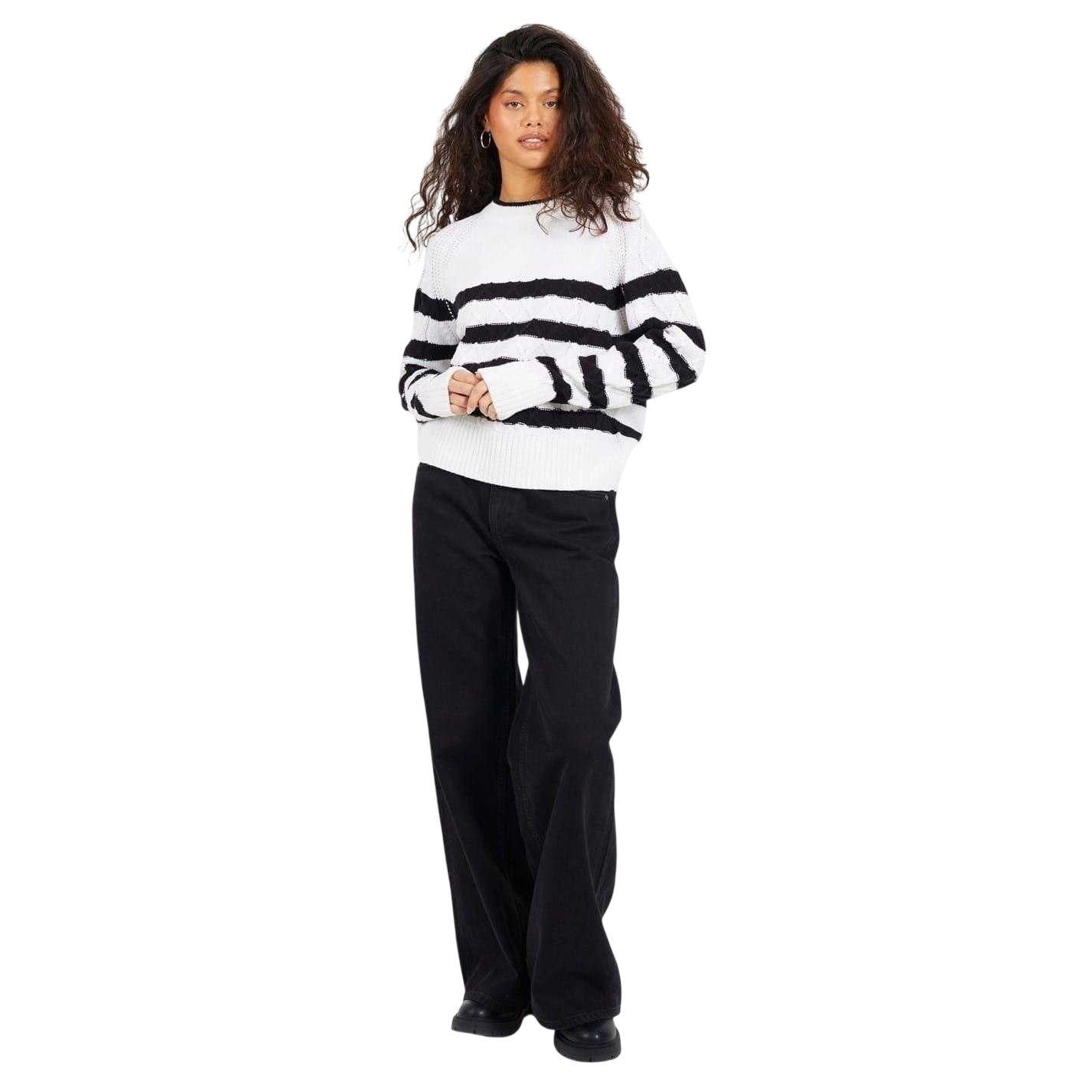 Ivory-Black - Lifestyle - Brave Soul Womens-Ladies Striped Cable Knit Jumper