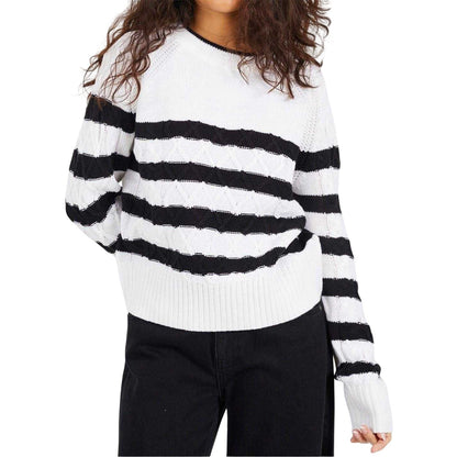 Ivory-Black - Front - Brave Soul Womens-Ladies Striped Cable Knit Jumper