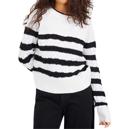 Ivory-Black - Front - Brave Soul Womens-Ladies Striped Cable Knit Jumper