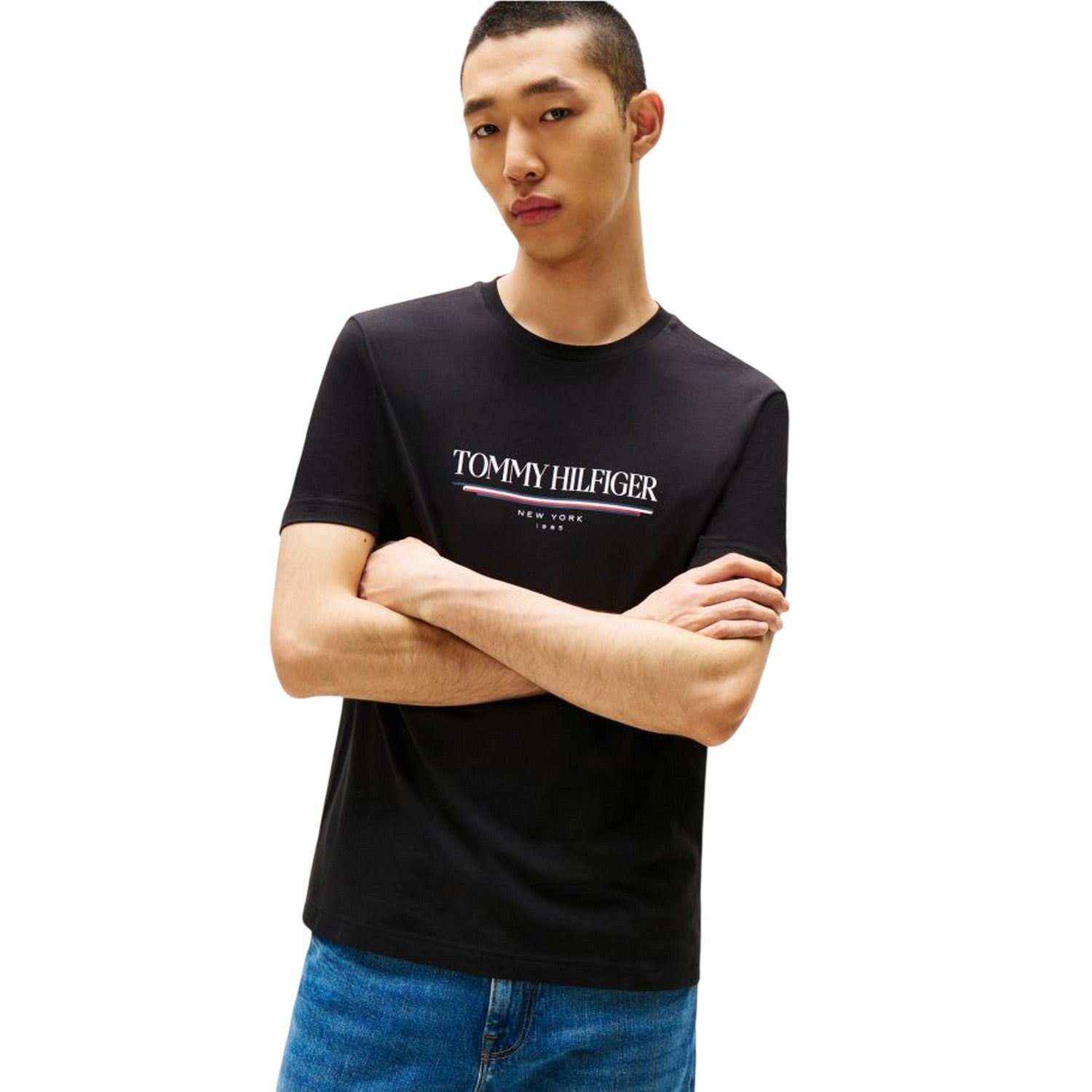Black - Side - Tommy Hilfiger Mens 1985 Lettering Crew Neck Regular T-Shirt