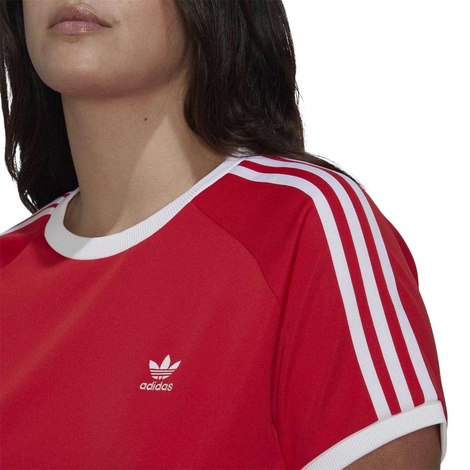 Red - Side - Adidas Womens-Ladies 3 Stripes Slim T-Shirt