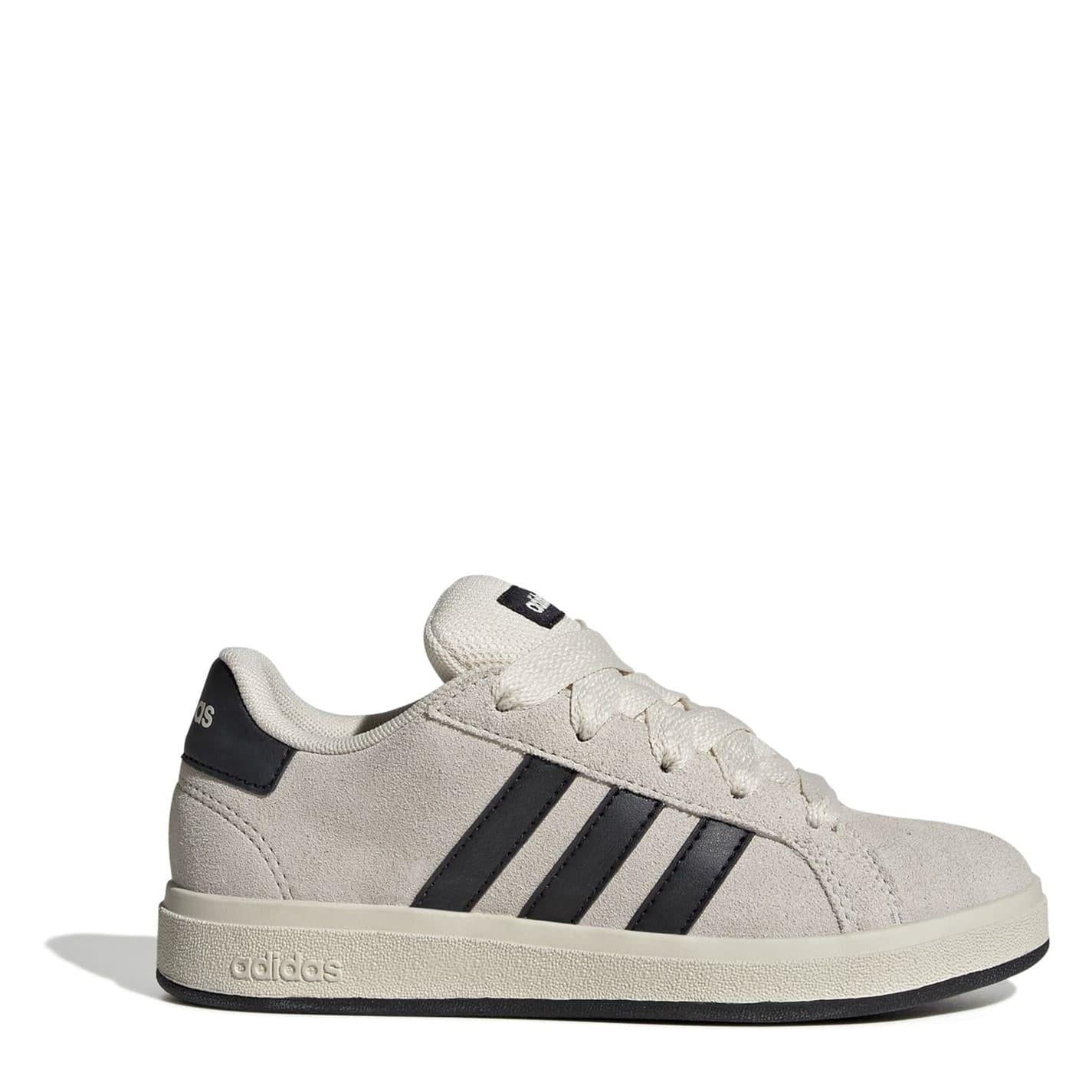 White-Black - Front - Adidas Childrens-Kids Grand Court 00s Suede Flat Trainers