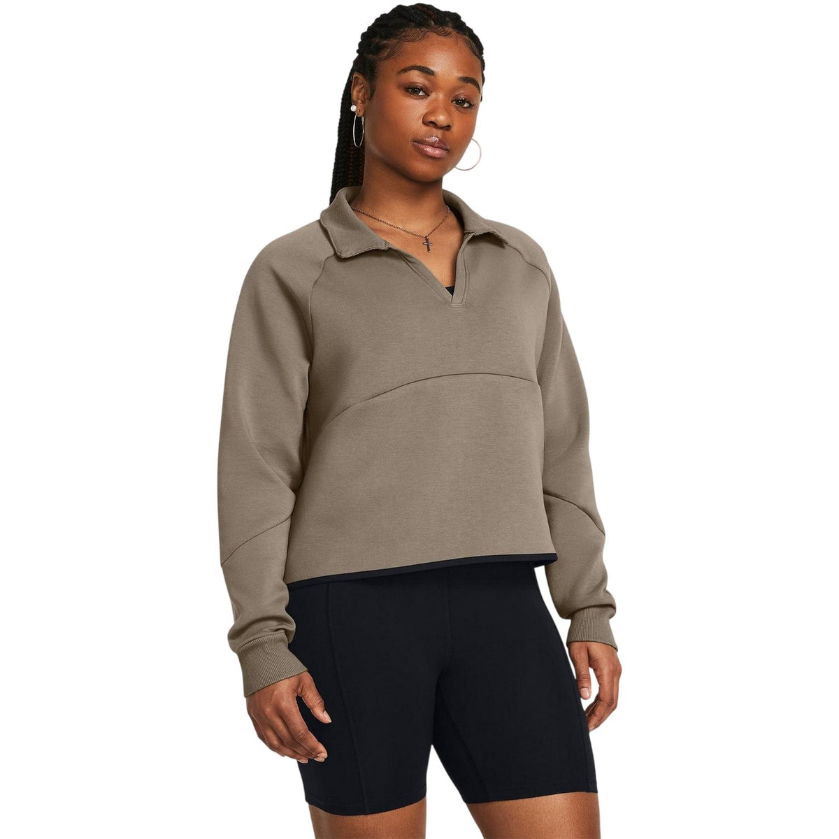 Brown - Side - Under Armour Womens-Ladies Collared Boxy Sweatshirt