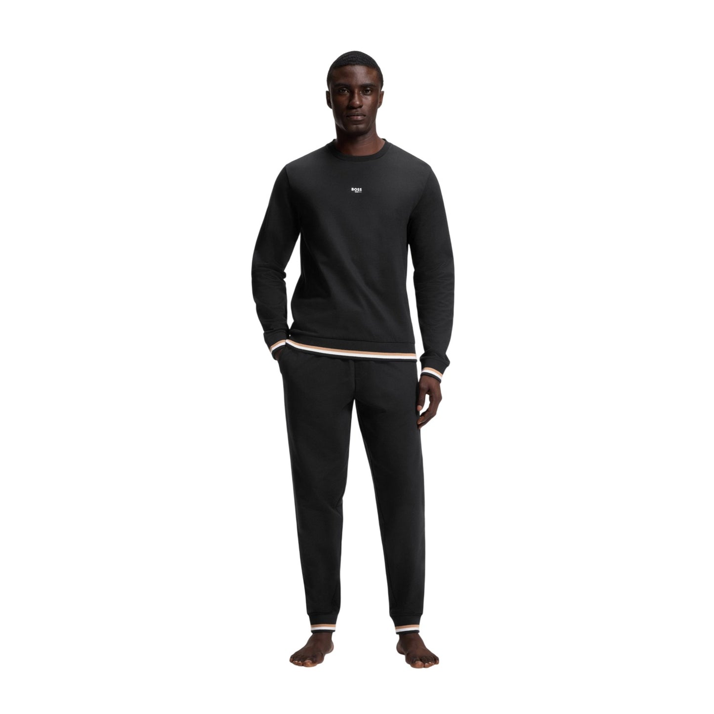 Black - Side - Boss Mens Iconic Stripe Detail Crew Neck Long-Sleeved Sweatshirt