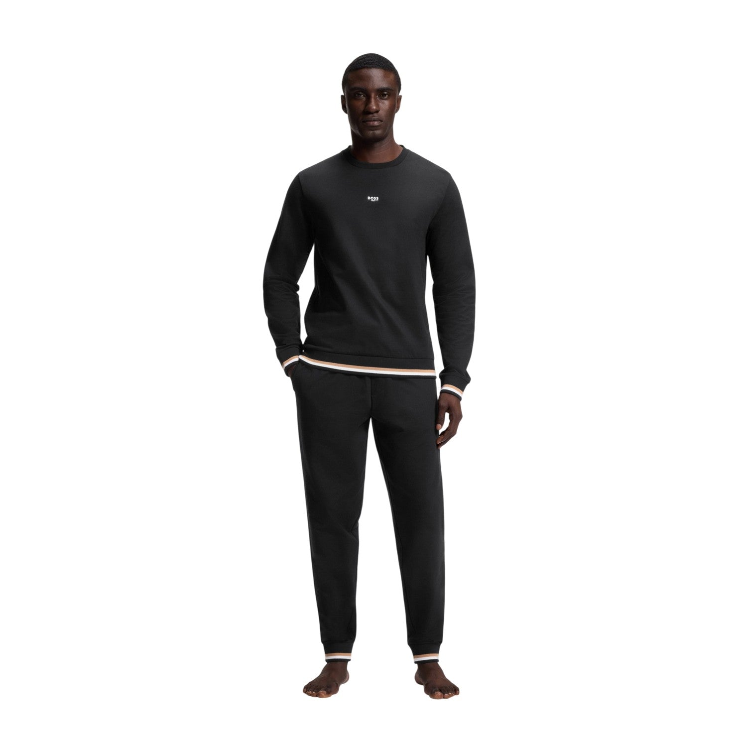 Black - Side - Boss Mens Iconic Stripe Detail Crew Neck Long-Sleeved Sweatshirt