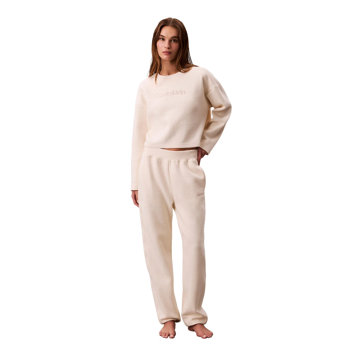 Ivory - Side - Calvin Klein Womens-Ladies Embroidered Crew Neck Sweatshirt