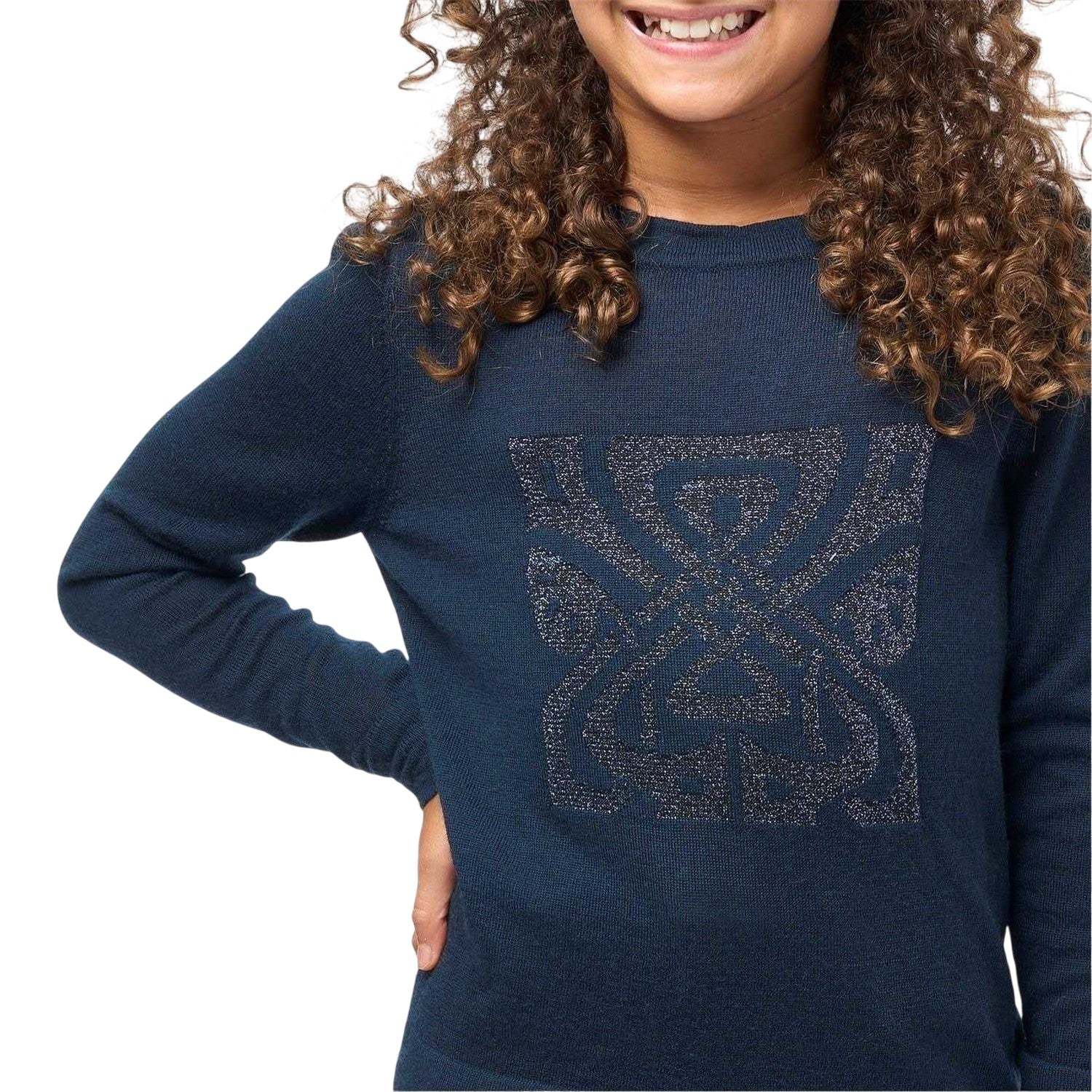 Navy - Side - Biba Girls Logo Merino Wool Jumper