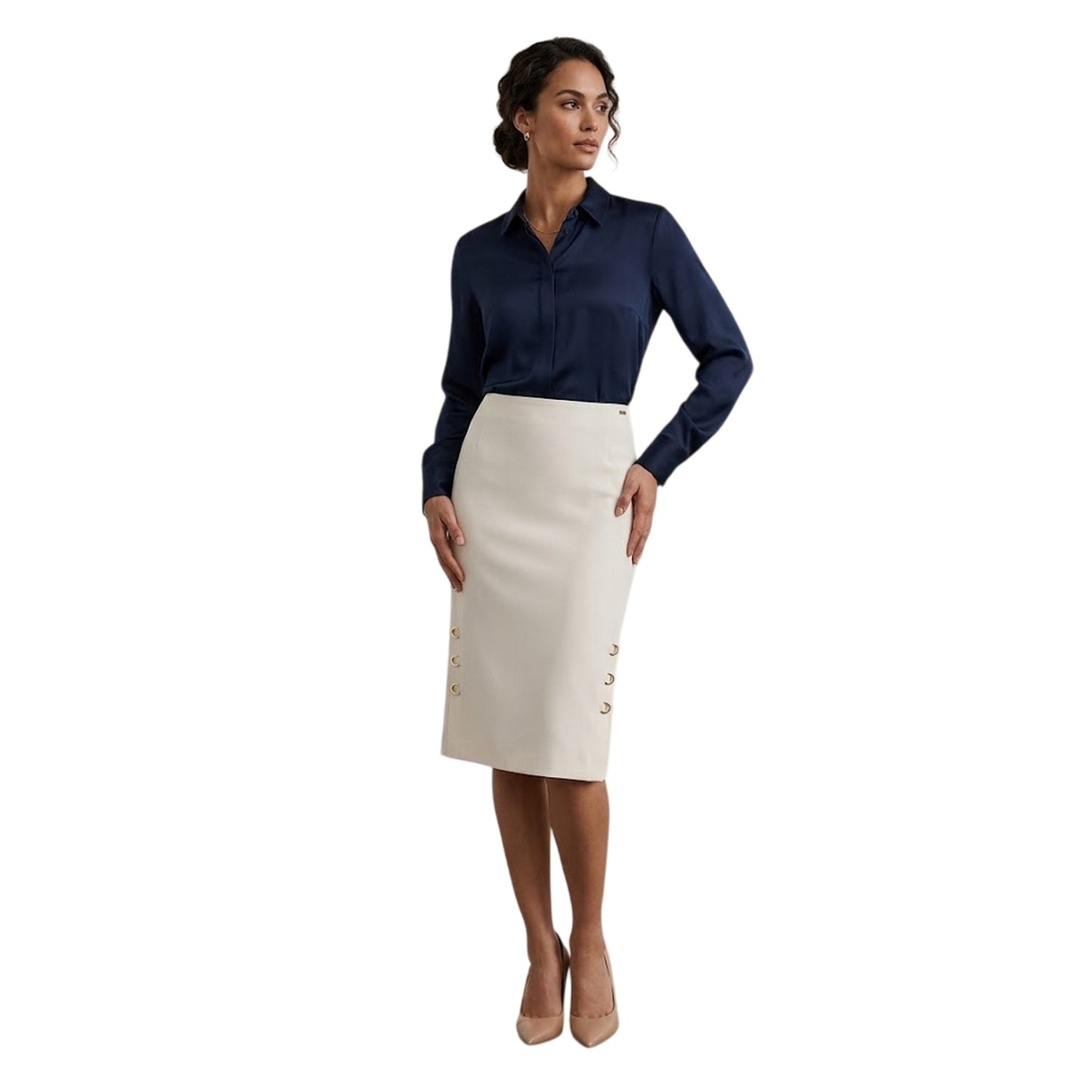 White - Back - Boss Womens-Ladies Vevoka Studded Midi Skirt