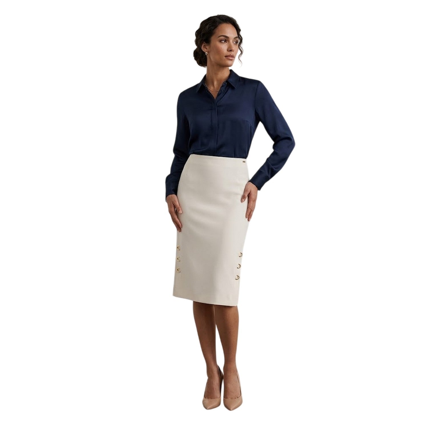 White - Back - Boss Womens-Ladies Vevoka Studded Midi Skirt