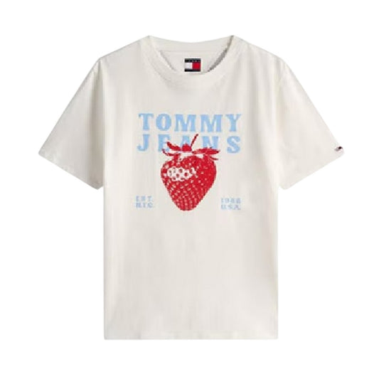 Ecru - Front - Tommy Jeans Womens-Ladies Strawberry Regular T-Shirt