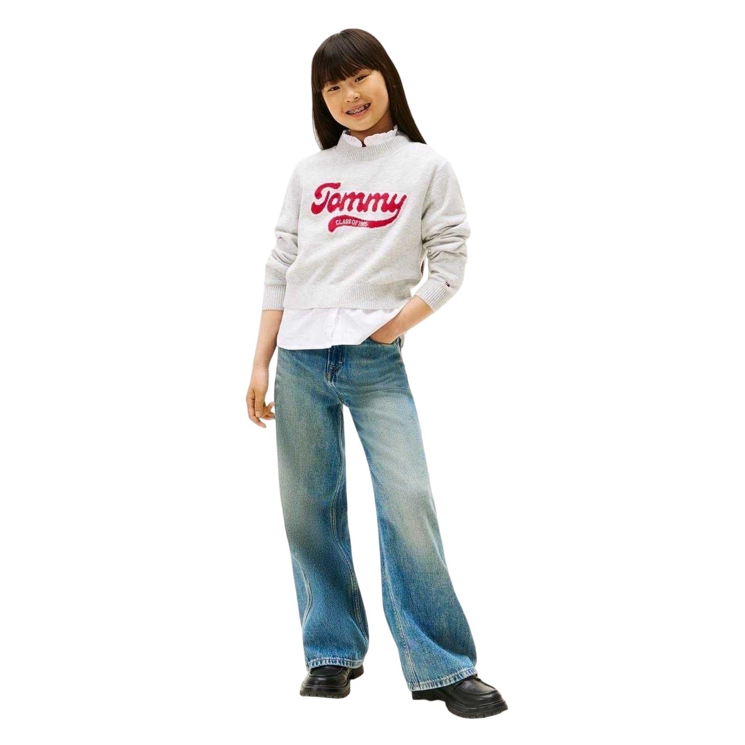 Light Grey Heather - Side - Tommy Hilfiger Childrens-Kids Varsity Intarsia Logo Sweater Top
