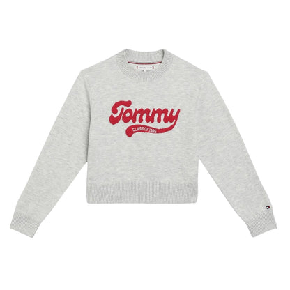 Light Grey Heather - Front - Tommy Hilfiger Childrens-Kids Varsity Intarsia Logo Sweater Top