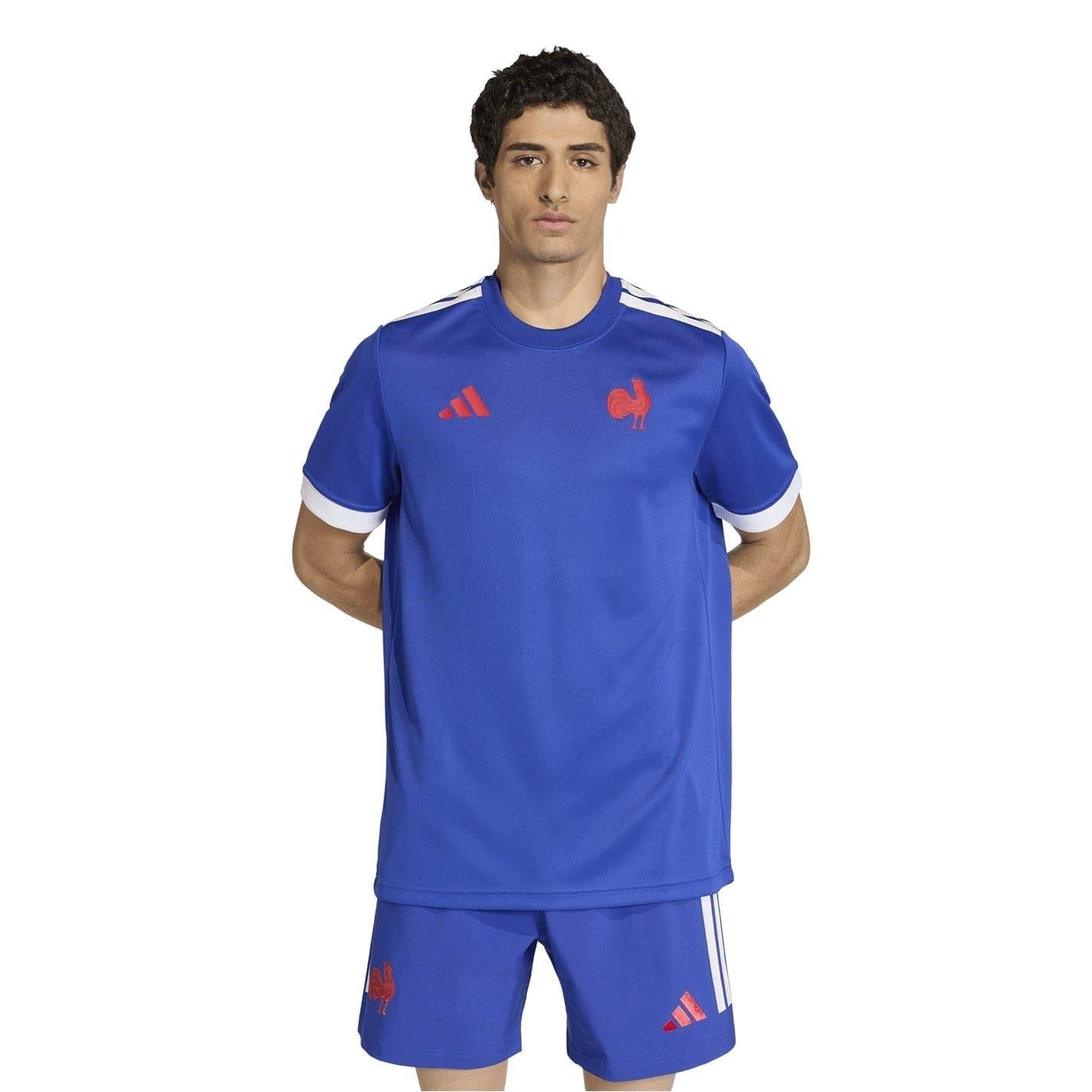 Light Blue - Side - Adidas Mens France FFR Rugby T-Shirt