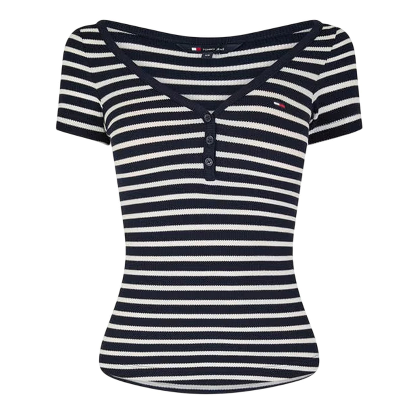 Navy-White - Front - Tommy Jeans Womens-Ladies Striped V Neck Slim T-Shirt