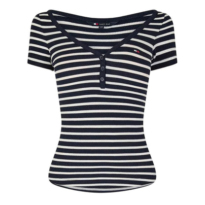 Navy-White - Front - Tommy Jeans Womens-Ladies Striped V Neck Slim T-Shirt
