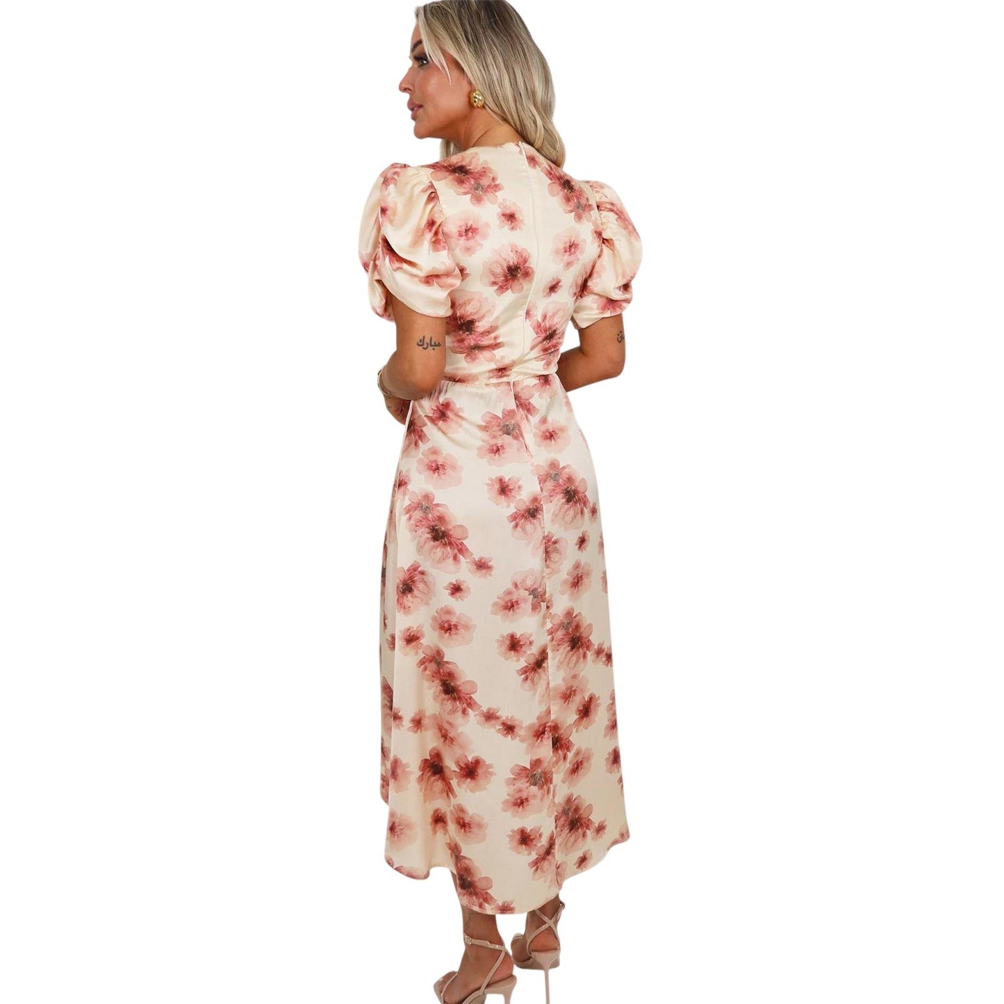 Blush - Back - AX Paris Womens-Ladies Floral Gathered Side Puff Sleeve Midi Dress