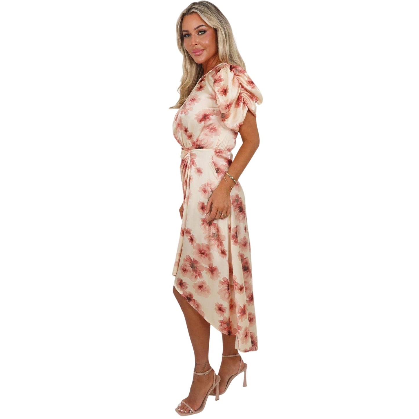 Blush - Side - AX Paris Womens-Ladies Floral Gathered Side Puff Sleeve Midi Dress