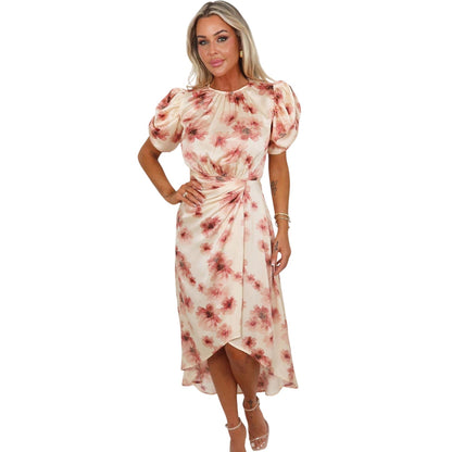 Blush - Front - AX Paris Womens-Ladies Floral Gathered Side Puff Sleeve Midi Dress