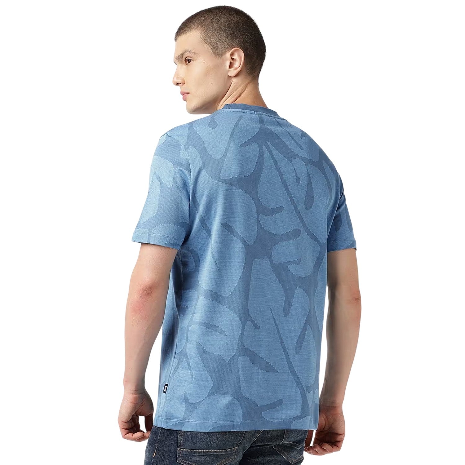 Light Blue - Back - Boss Mens Thompson Leaf Print T-Shirt