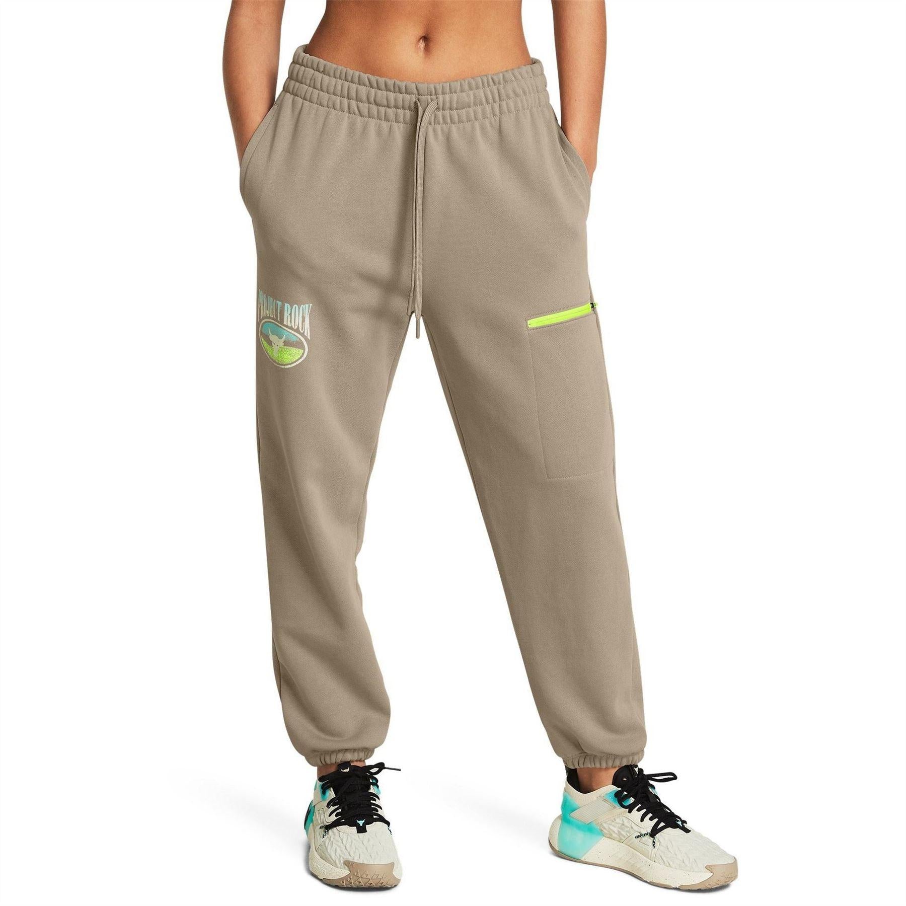 Taupe - Side - Under Armour Womens-Ladies Project Rock Terrycloth Heavyweight Joggers
