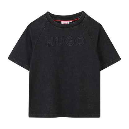 Black - Front - Hugo Childrens-Kids Lettering Washed Raglan T-Shirt