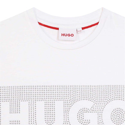 White - Side - Hugo Childrens-Kids Big Logo Cotton T-Shirt