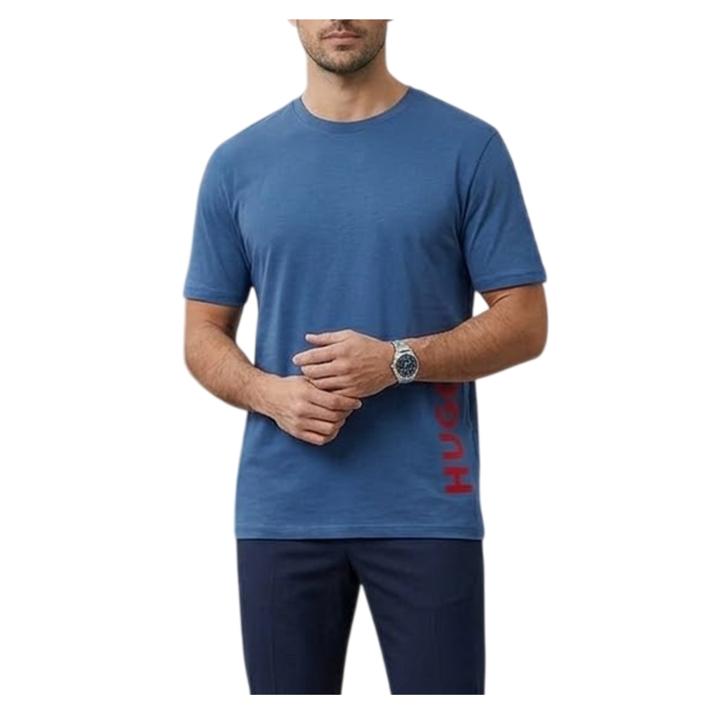 Medium Blue - Side - Hugo Mens Logo Organic Cotton T-Shirt