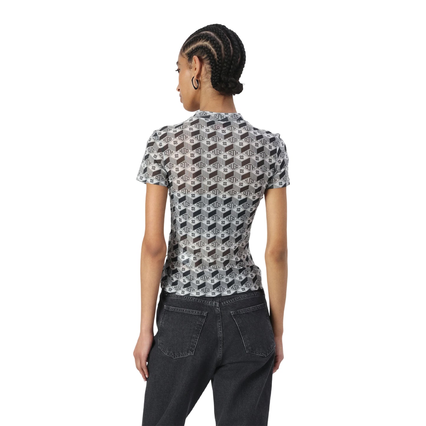 Grey - Back - Hugo Womens-Ladies Lettering Mock Neck T-Shirt