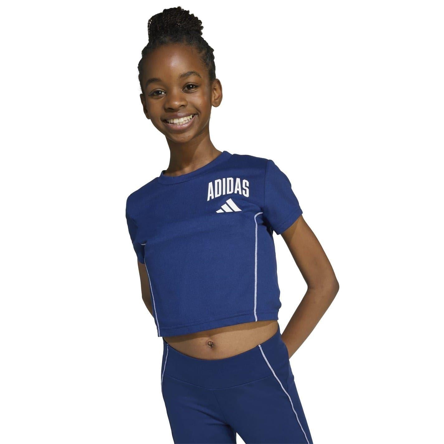 Blue-White - Side - Adidas Girls Train Essentials Cropped T-Shirt