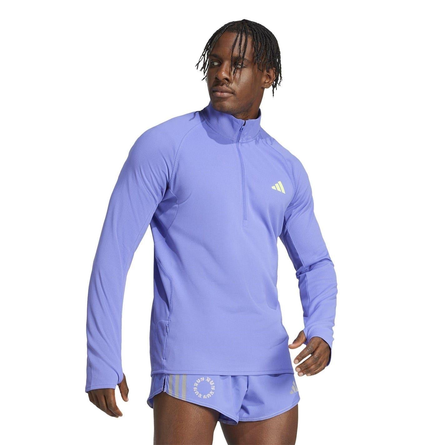 Blue - Side - Adidas Mens Adizero Quarter Zip Running T-Shirt