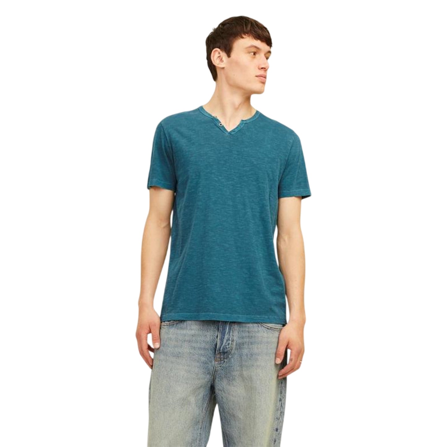 Deep Teal - Side - Jack And Jones Mens Notch Neck Regular T-Shirt