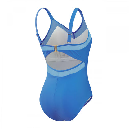 Blue - Back - Speedo Womens-Ladies Shaping Mesh Detail One Piece Swimsuit