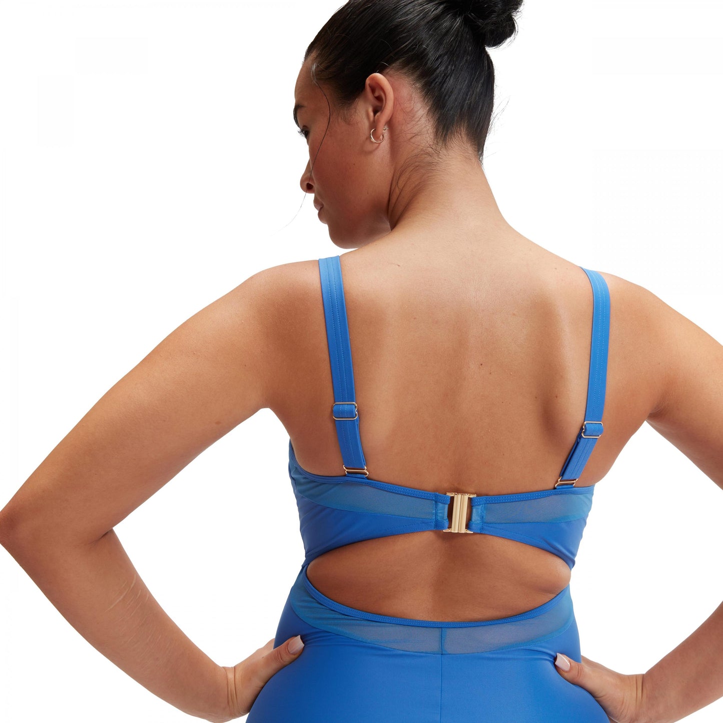 Blue - Side - Speedo Womens-Ladies Shaping Mesh Detail One Piece Swimsuit