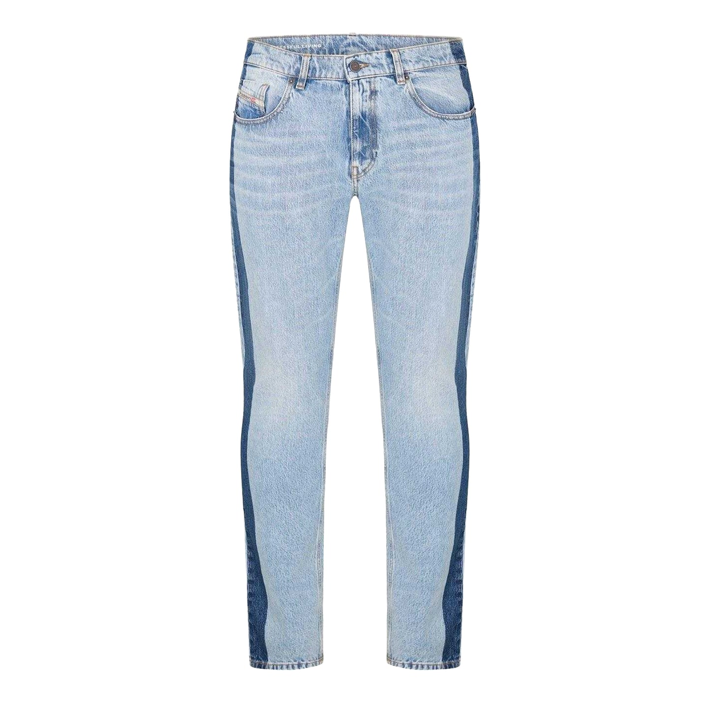 Blue Denim - Front - Diesel Mens Denim Side Stripe 5 Pockets Straight Leg Jeans