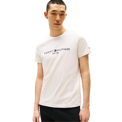 Oatmilk - Front - Tommy Hilfiger Mens Embroidered Logo Crew Neck T-Shirt