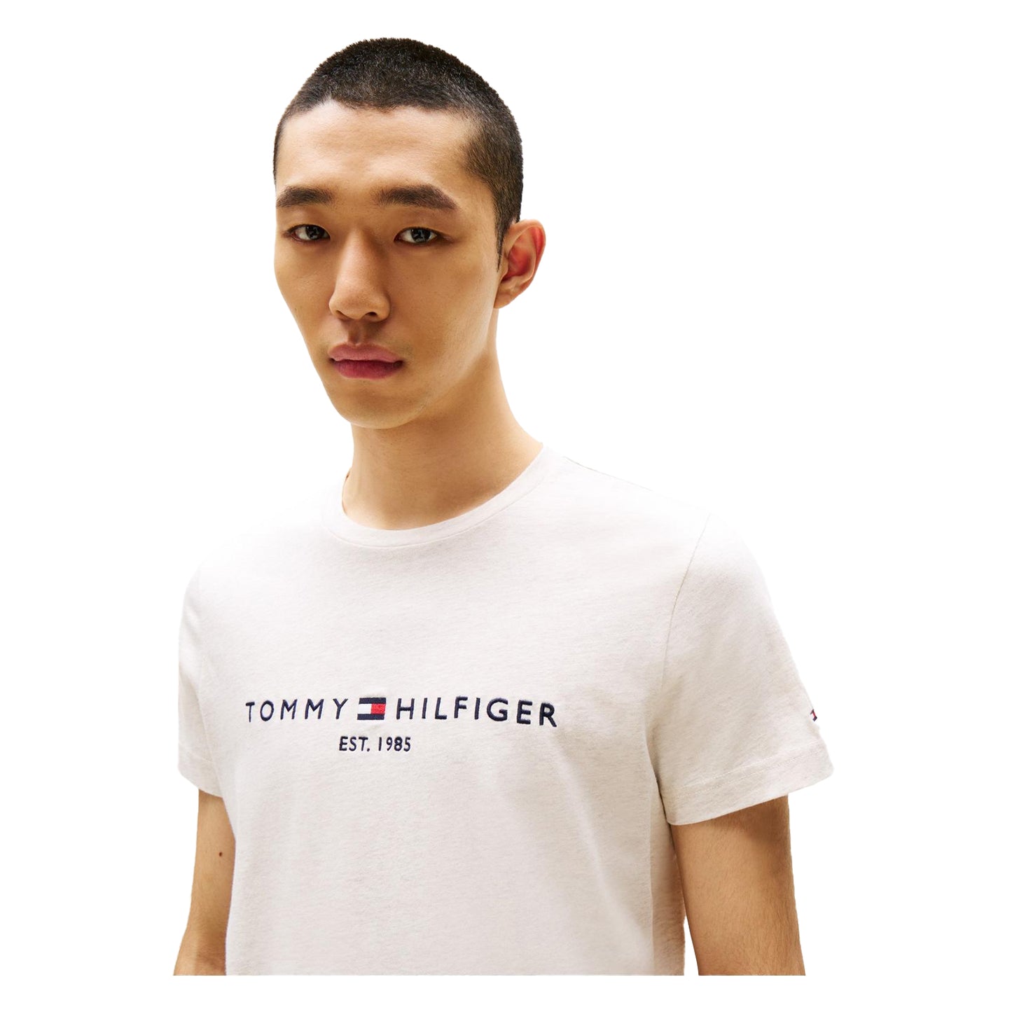 Oatmilk - Side - Tommy Hilfiger Mens Embroidered Logo Crew Neck T-Shirt