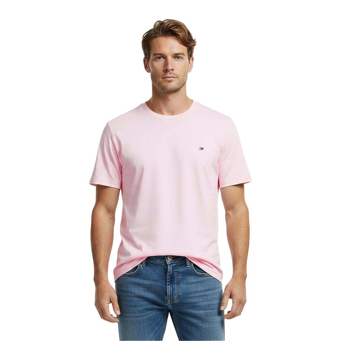 Pink - Side - Tommy Hilfiger Mens Embroidered Logo Crew Neck T-Shirt
