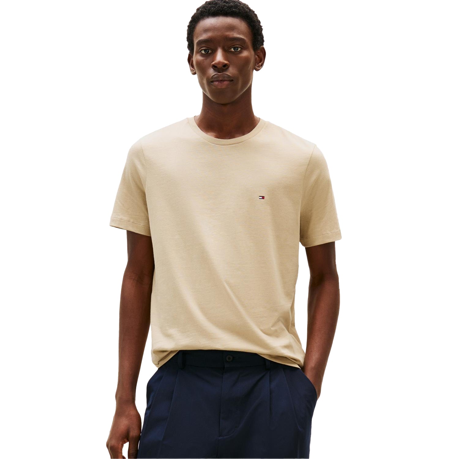 Sand Beige - Side - Tommy Hilfiger Mens Embroidered Logo Crew Neck T-Shirt