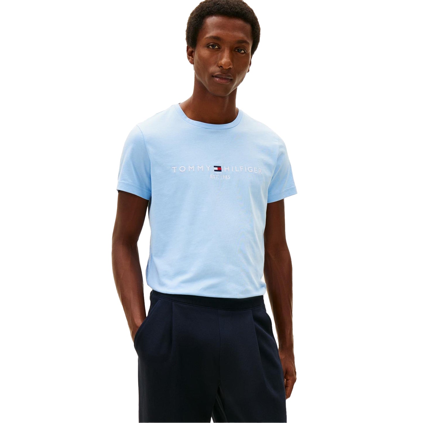 Blue - Side - Tommy Hilfiger Mens Embroidered Logo Crew Neck T-Shirt