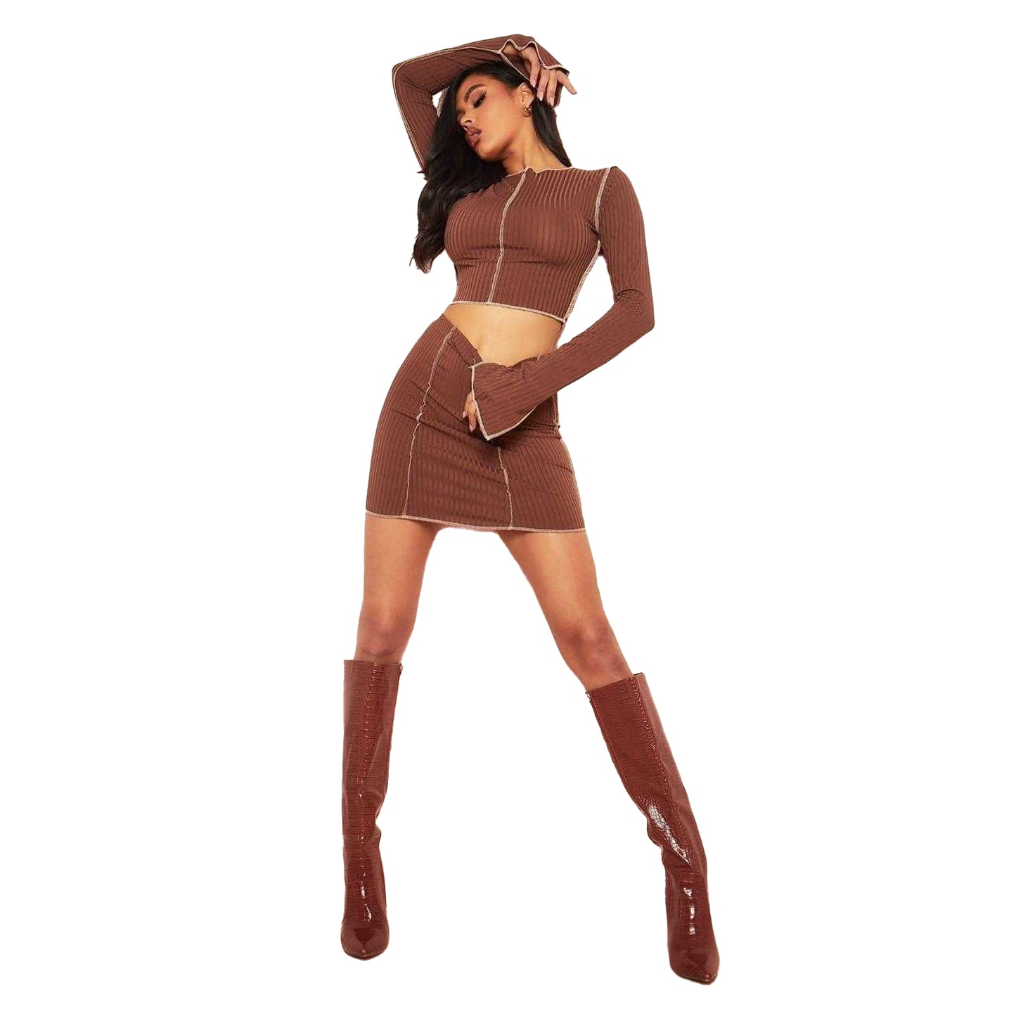 Chocolate - Back - Missy Empire Womens-Ladies Ribbed Contrast Stitch Mini Skirt